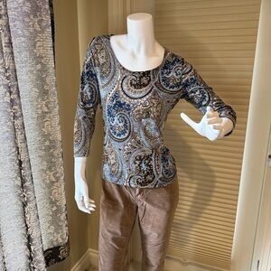 Susan Lawrence Petite Shirt Pullover Paisley Print Women's Top Blue Brown Sz PL
